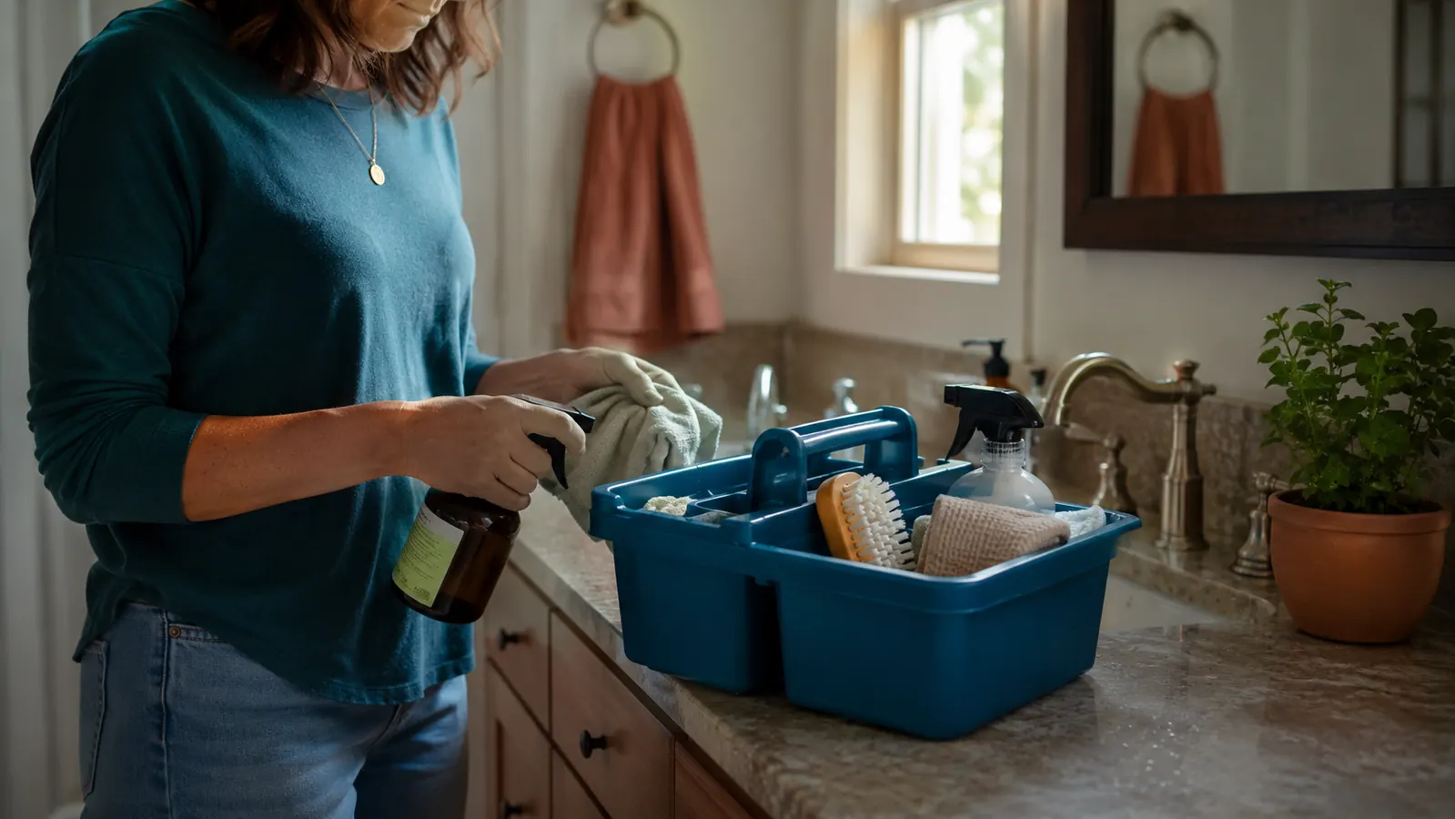 Cleaning caddy sitting on a bathroom counter next to a sink mid-cleaning session