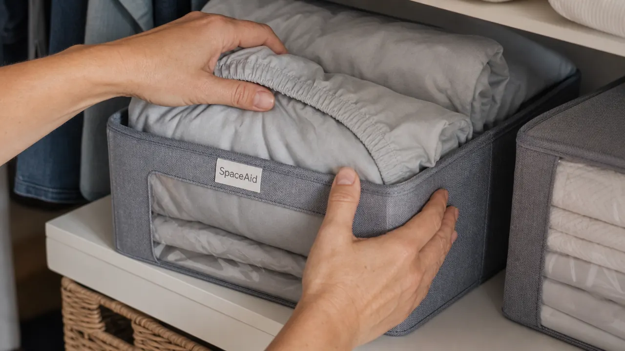 Hand folding a queen sheet set and tucking it into a fabric organizer with a clear window pocket on the front