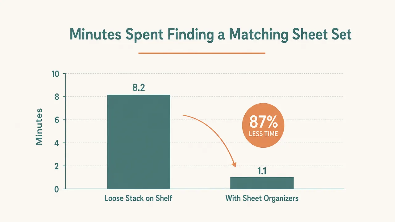 Chart comparing minutes spent searching for a matching sheet set before and after using an organizer