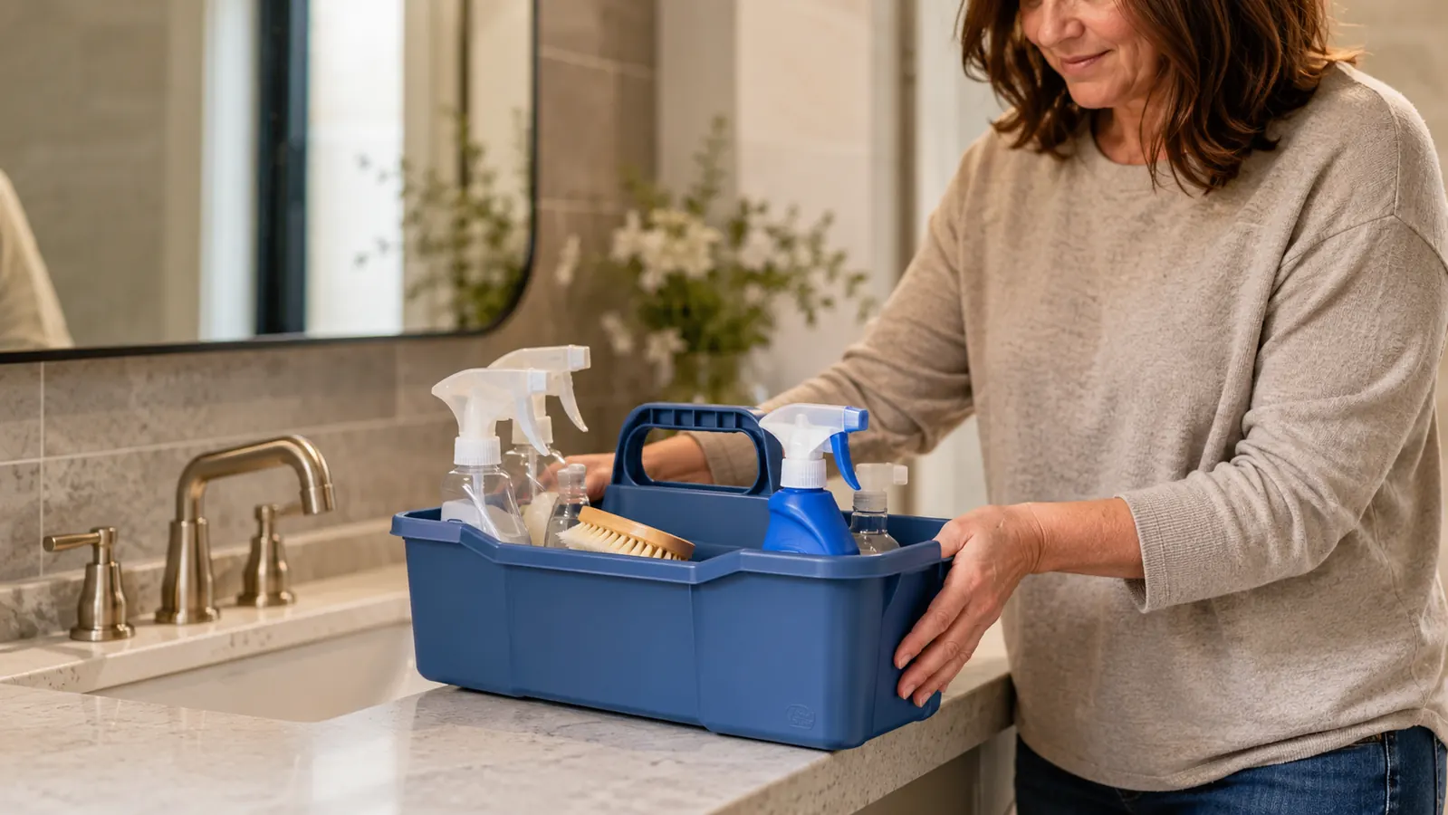 Close-up of a hand setting a blue plastic cleaning caddy on a bathroom counter next to the sink