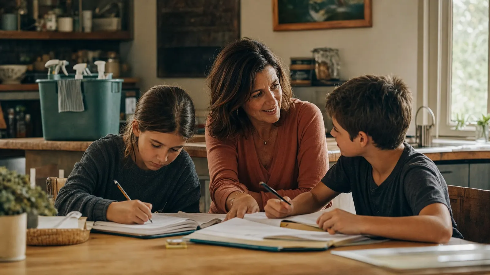 A woman and her two kids at a kitchen table with a cleaning caddy set off to the side