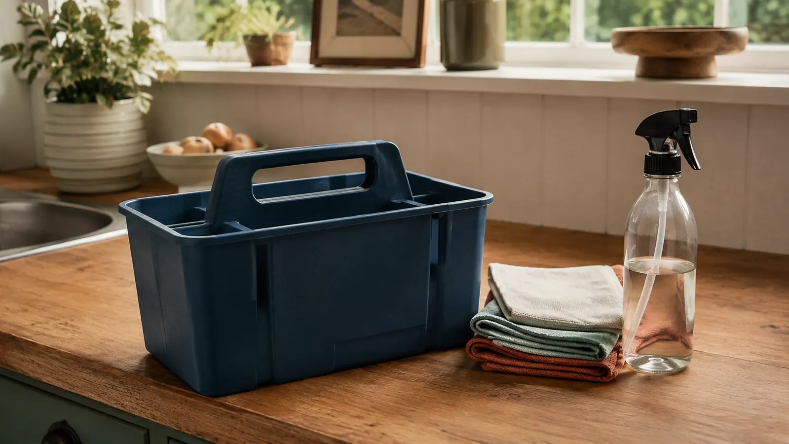 Empty cleaning caddy sitting on a kitchen counter next to folded microfiber cloths and a spray bottle
