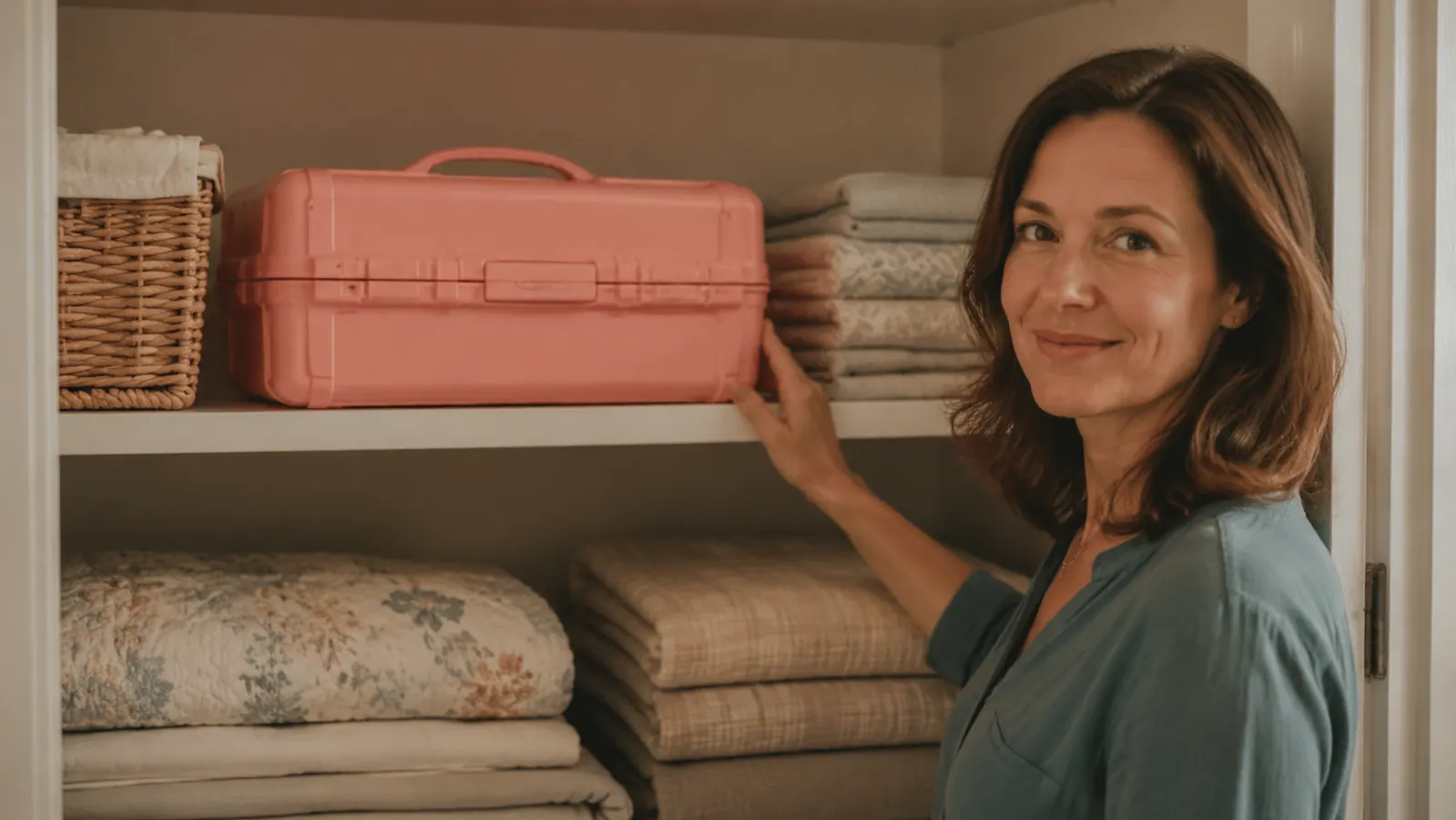 Pink craft organizer case sitting closed on a hallway closet shelf next to folded towels