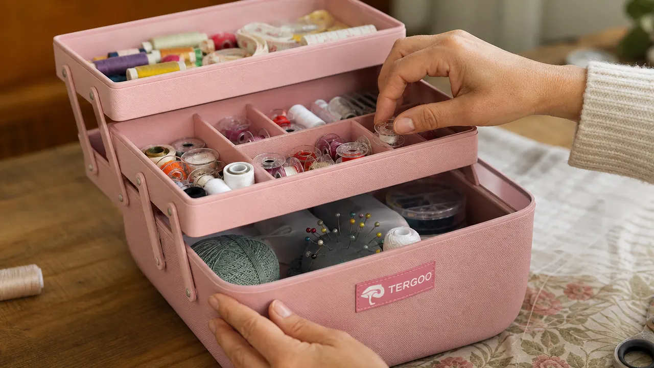 Close-up of hands placing bobbins into the adjustable dividers of the TERGOO craft organizer's middle tray