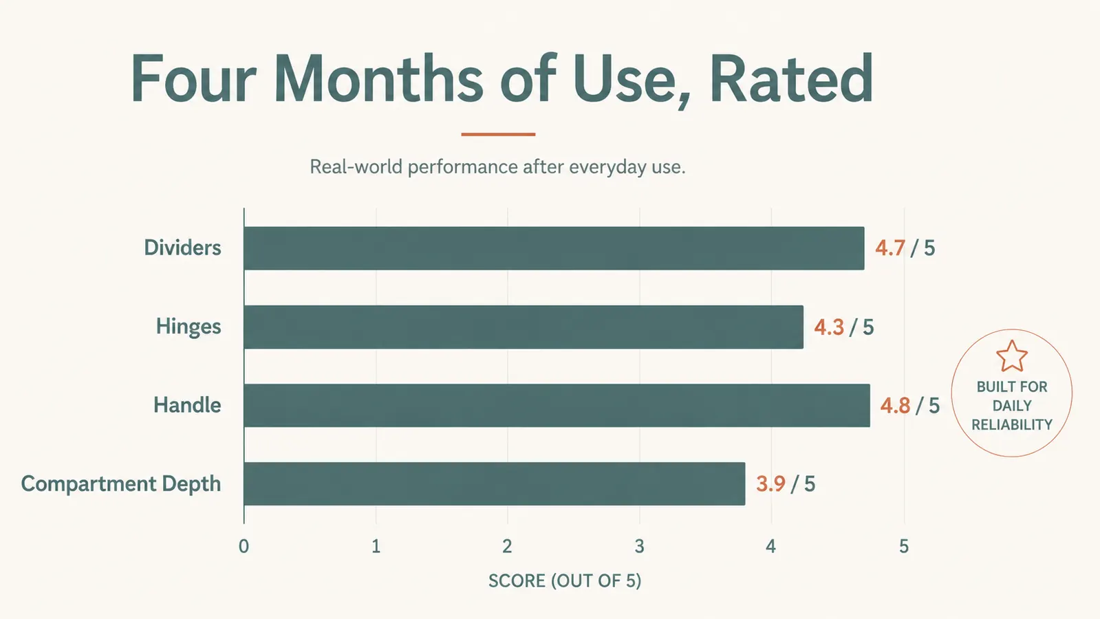 Chart showing organizer durability ratings across dividers, hinges, handle, and compartment depth after four months of use