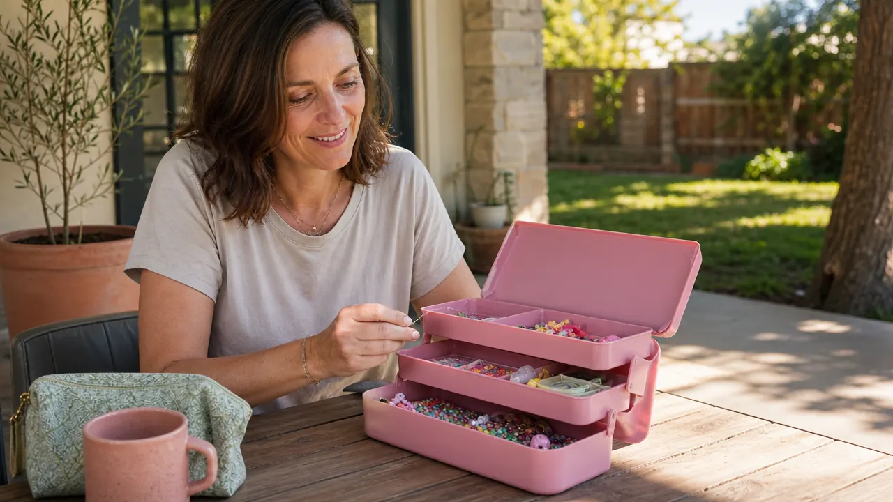 Craft organizer sitting open on a porch table with a child's beading supplies visible in the bottom tray