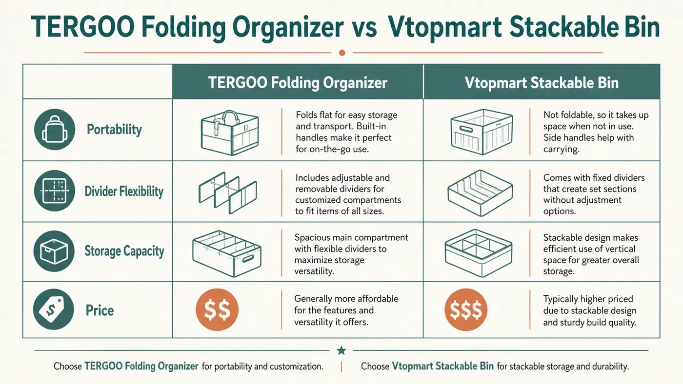 Chart comparing TERGOO folding organizer and Vtopmart stackable bin across portability, capacity, dividers, and price