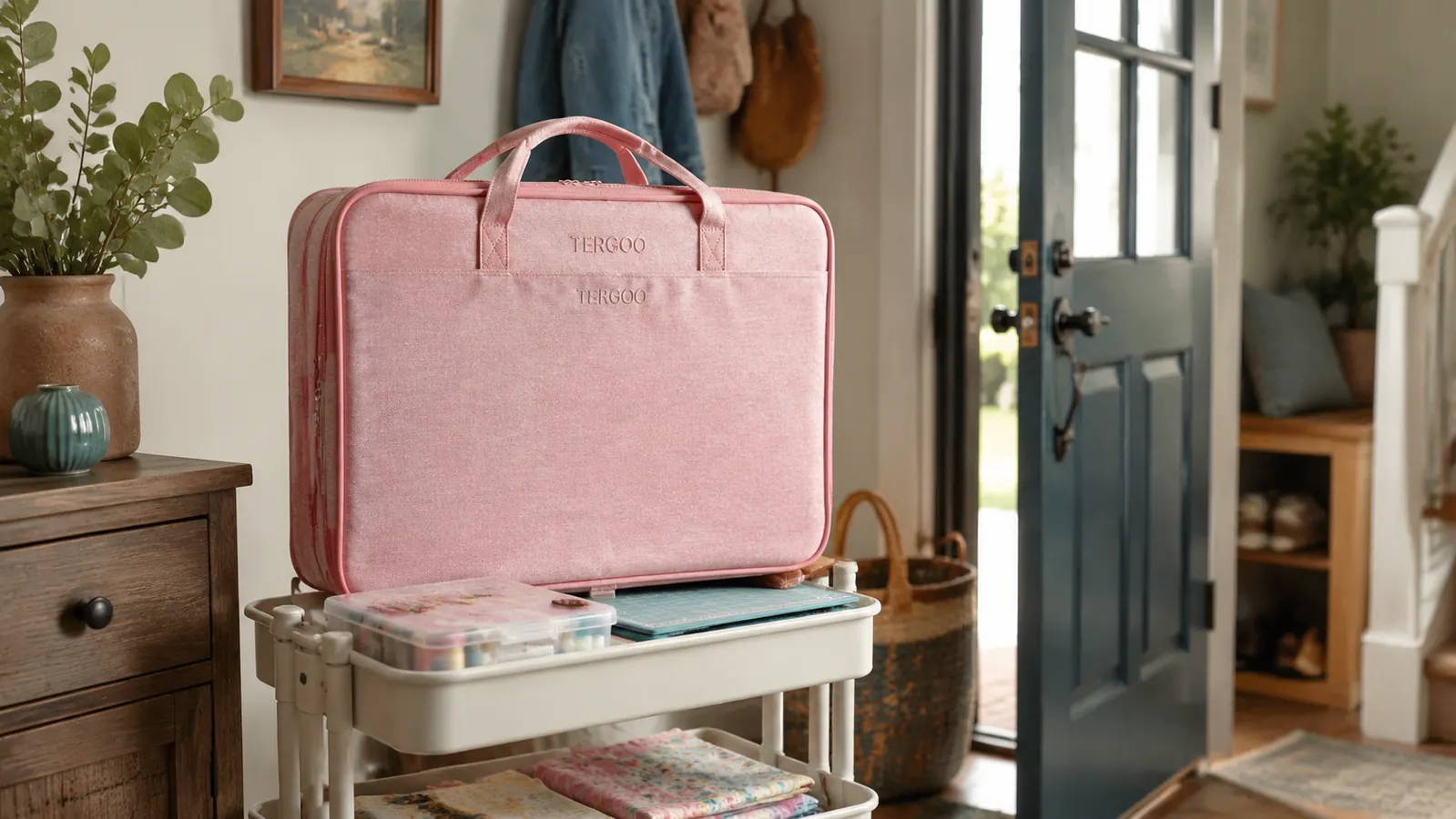 Closed pink TERGOO organizer case with handle sitting inside a rolling craft cart ready to travel