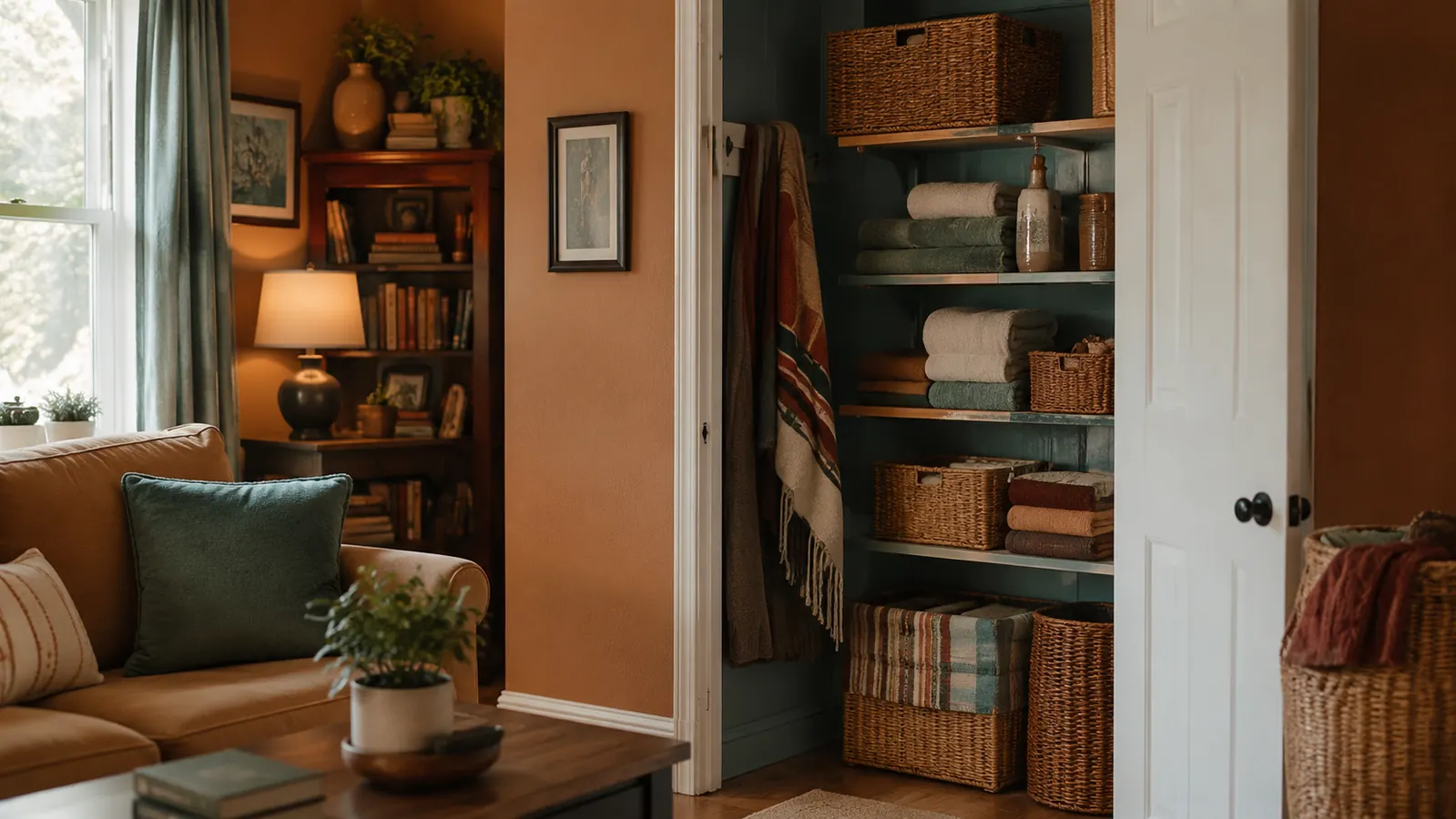 A calm, freshly organized home with labeled bins, tidy shelves, and everything in its place