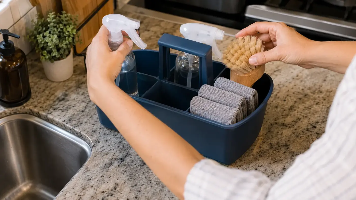 Hand sorting spray bottles and microfiber cloths into a blue plastic cleaning caddy on a kitchen counter