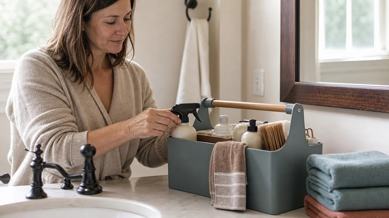 Cleaning caddy sitting on a bathroom vanity next to folded towels, ready for weekend cleaning