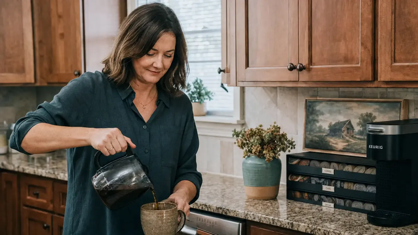 Woman pouring coffee in a tidy kitchen with an organized coffee station in the background