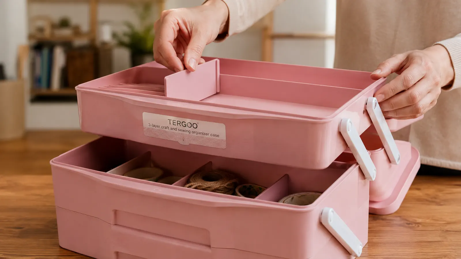 Close-up of hands adjusting the plastic divider walls inside the top tray of the craft organizer