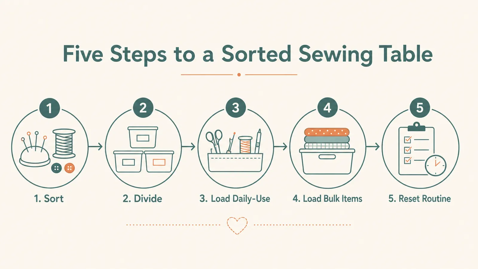 Simple diagram chart showing the five steps to organizing sewing supplies into a three-layer craft organizer