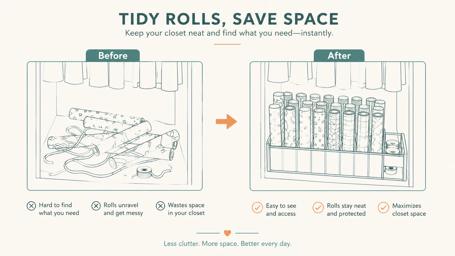 Simple before and after comparison chart showing a cluttered closet floor versus a tidy upright organizer