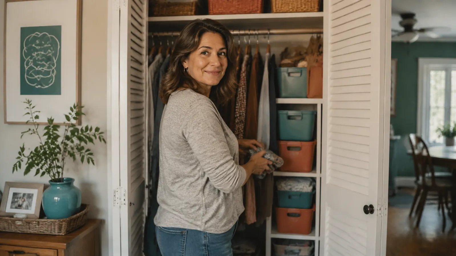 Woman standing in a hallway closet doorway holding a folded gift bag, organized wrapping paper storage visible behind her