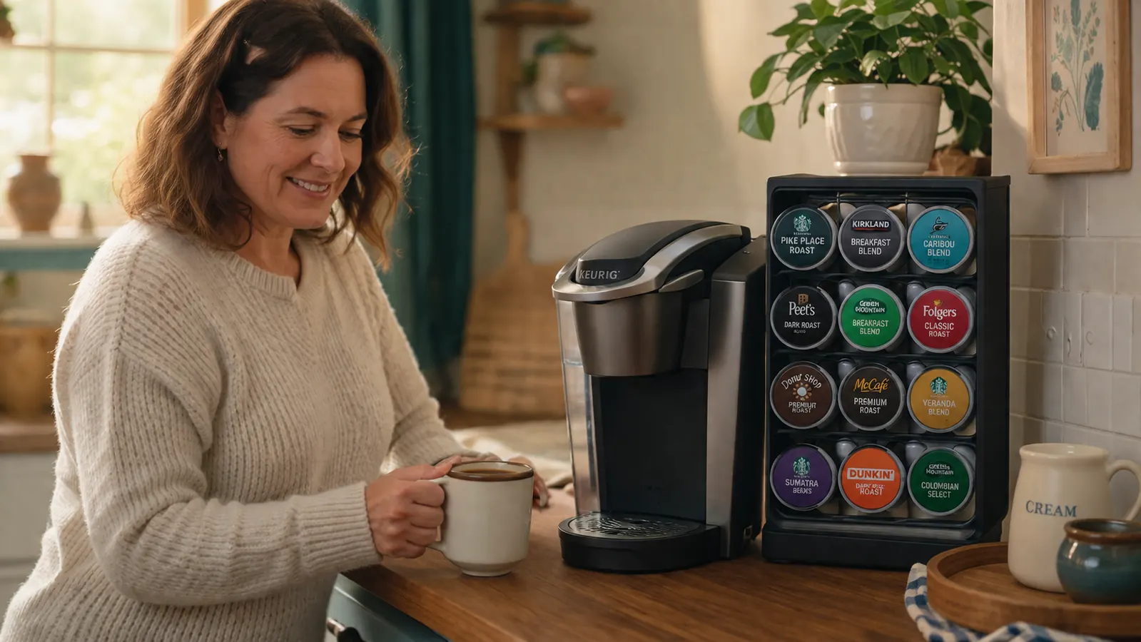 The black three-drawer coffee pod organizer sitting next to a single-serve coffee maker on a Texas kitchen counter