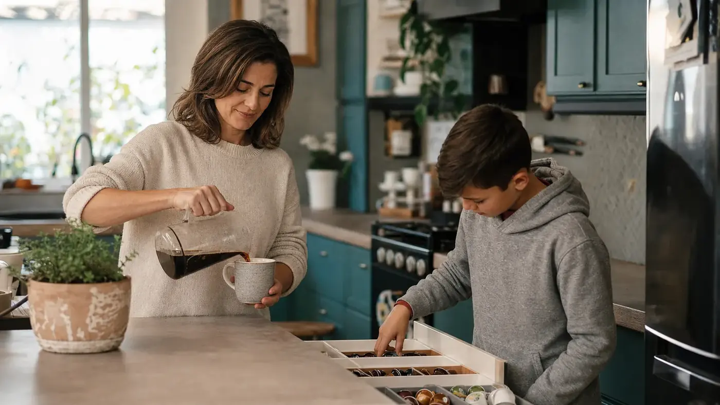 A woman pouring coffee into a mug in her kitchen while a young son reaches into an open drawer for a coffee pod