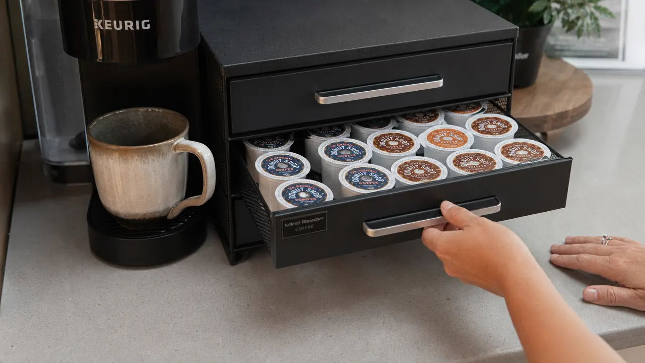 Hand pulling open one of the three drawers to reveal rows of coffee pods sorted by flavor