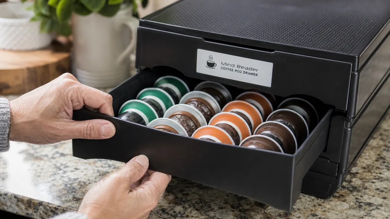 A hand pulling open one drawer of a black coffee pod organizer to grab a single coffee pod