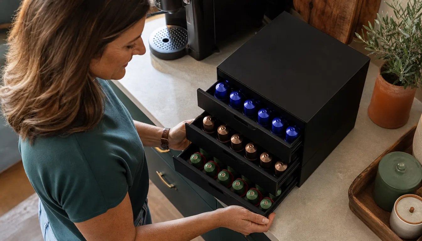 Three coffee pod organizer drawers pulled open on a counter showing pods separated by roast type