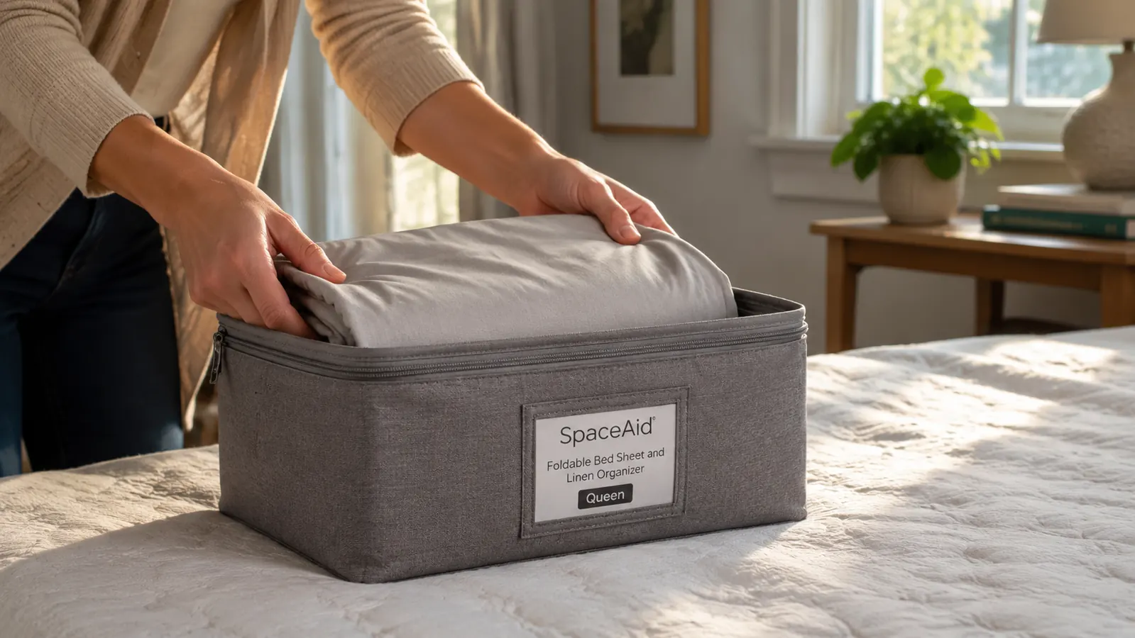 A woman's hands zipping a folded queen sheet set into a gray fabric organizer case with a clear label window