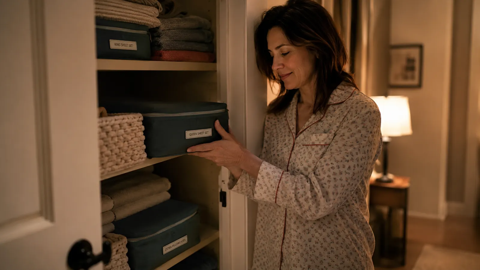 A mother in pajamas pulling a labeled sheet organizer case from a closet shelf at night