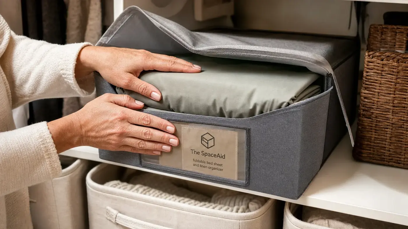 Hand pressing down on a king sheet set to fit it inside the SpaceAid organizer bin before closing the flap