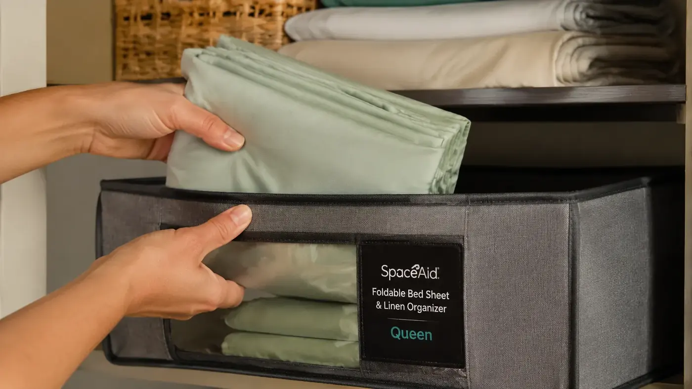 Hand tucking a folded queen sheet set into a gray SpaceAid organizer with a clear window pouch