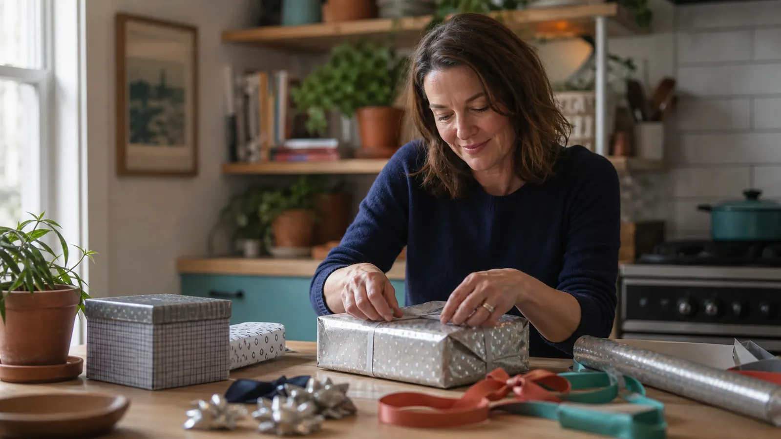 A mother wrapping a birthday present quickly at a kitchen table with ribbon and paper pulled from one organized bag