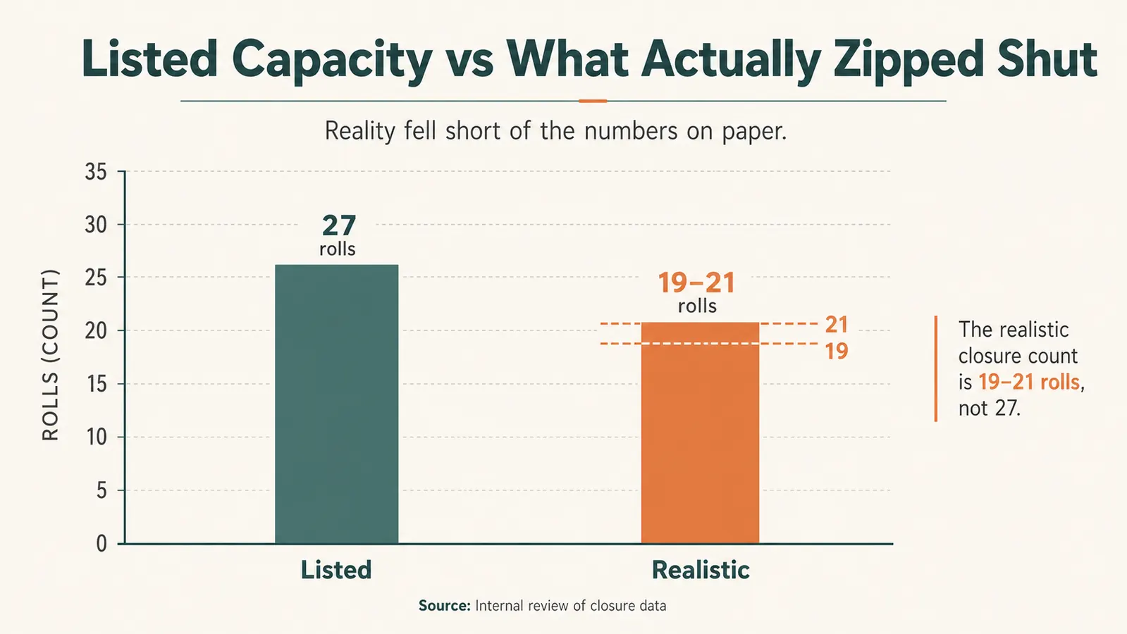 Bar chart comparing how many wrapping paper rolls actually fit before the zipper struggled versus the listed capacity