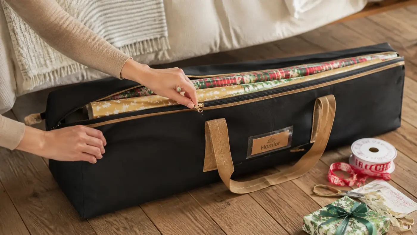 Hands zipping the Homior organizer closed after loading it with rolls of wrapping paper and ribbon